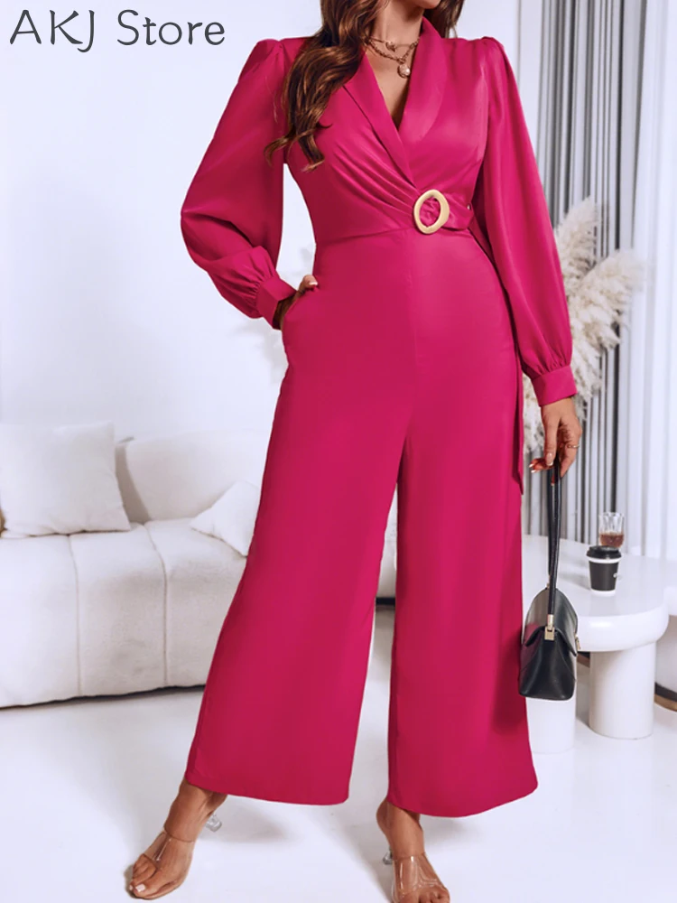 จั๊มพ์สูทคอวีแขนทรงโคม ดีไซน์ซิปหลัง ทรงขากว้าง สไตล์ลำลอง พร้อมเข็มขัด