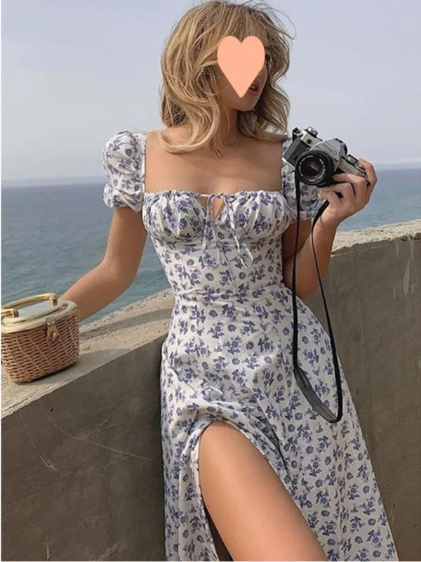 2024 Summer Fashion Women's Countryside Style New Print French Fragmented Flower Off the Back Slim Slim Slim Slit Dress KGJJ