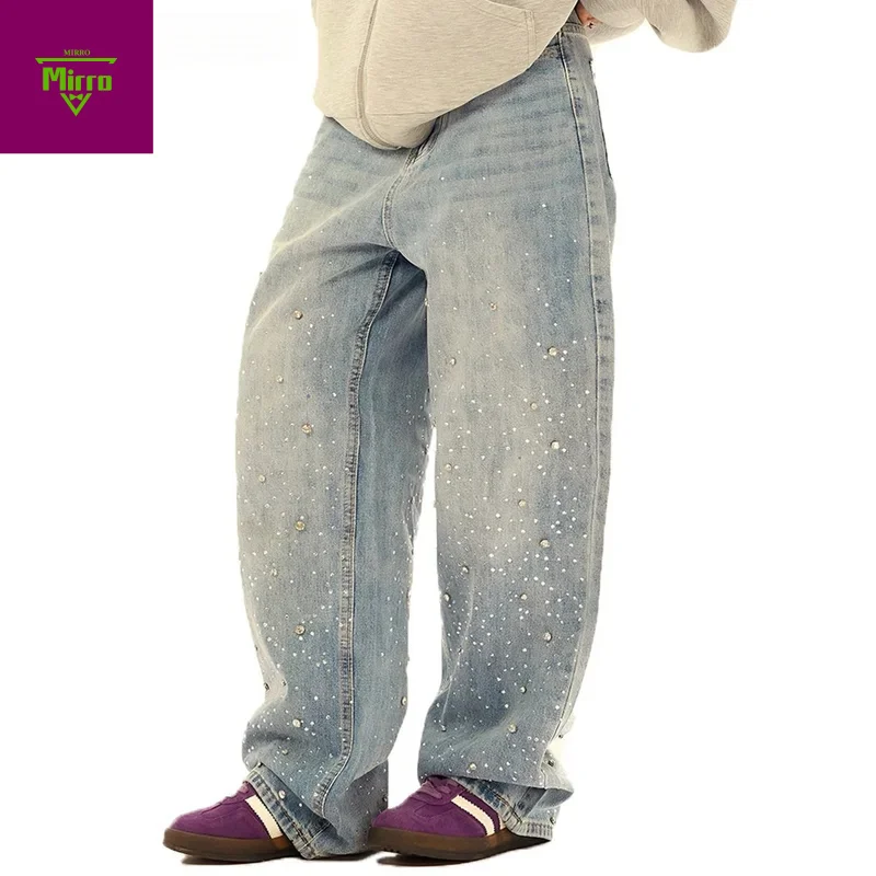 

【Mirrordust】Стертые потертые джинсы со стразами, мужские свободные прямые широкие джинсовые брюки y2k High Street, мужские брюки