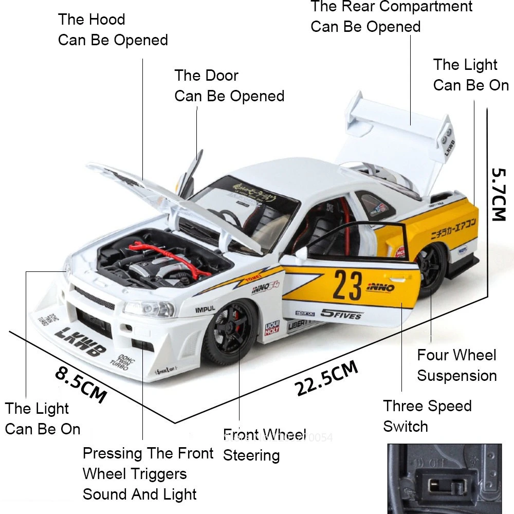 1/24 GTR R34 Model samochodu zabawka odlew ze stopu zmodyfikowana wersja samochody sportowe 4 drzwi może otworzyć światło dźwiękowe zabawki napędzane typu naciągnij i puść prezent dla dziecka