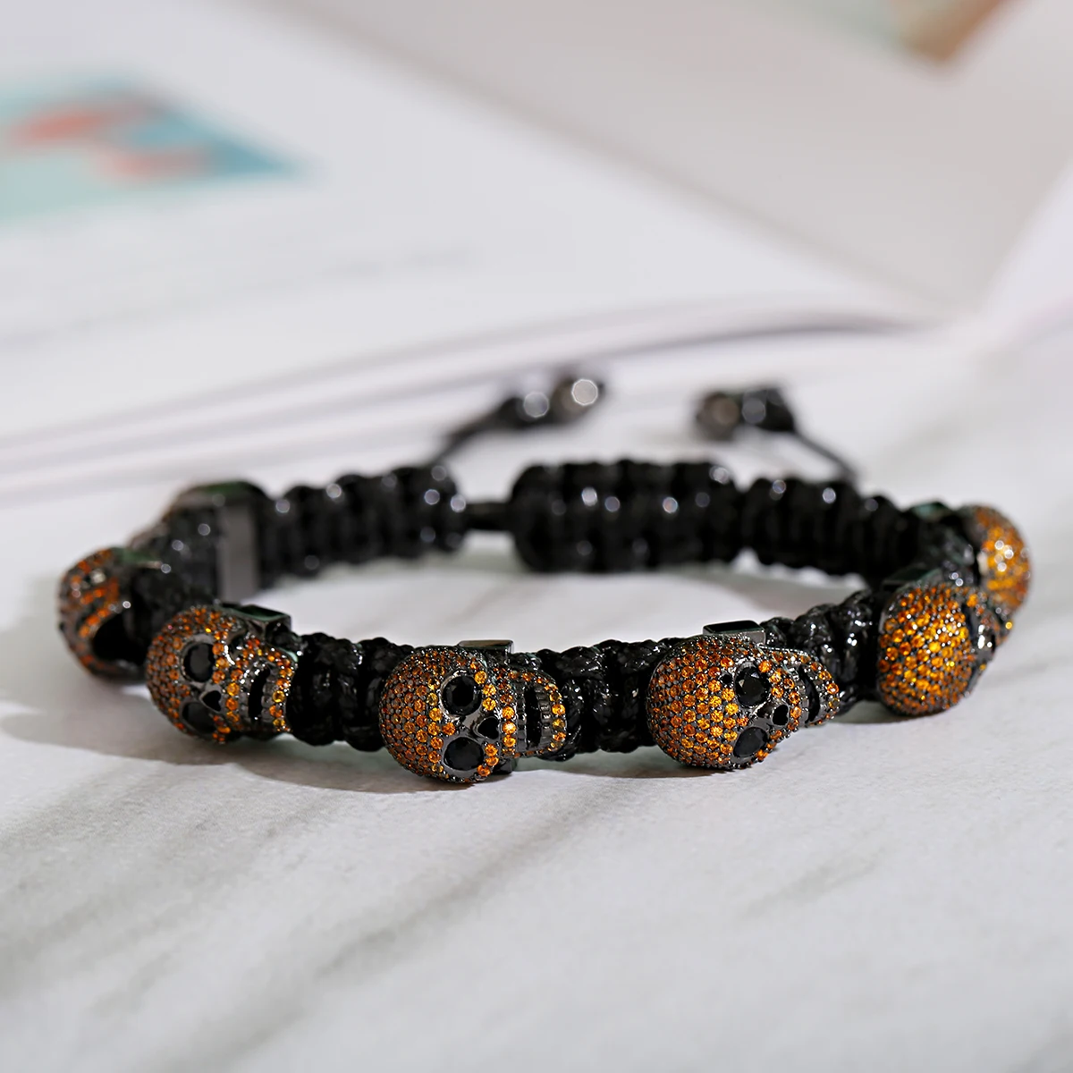 Fashion Zircon Skull Handmade Woven Bracelets Luxury CZ Beads Adjustable Bracelet Punk Wrist Jewelry for Women Men