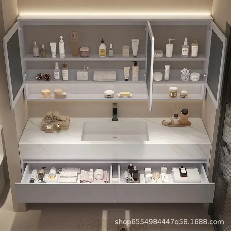 Nowoczesna półka łazienkowa wisząca z umywalką z łupka, zintegrowana, montowana na ścianie, szafka łazienkowa, pojedynczy zestaw mebli łazienkowych z umywalką.