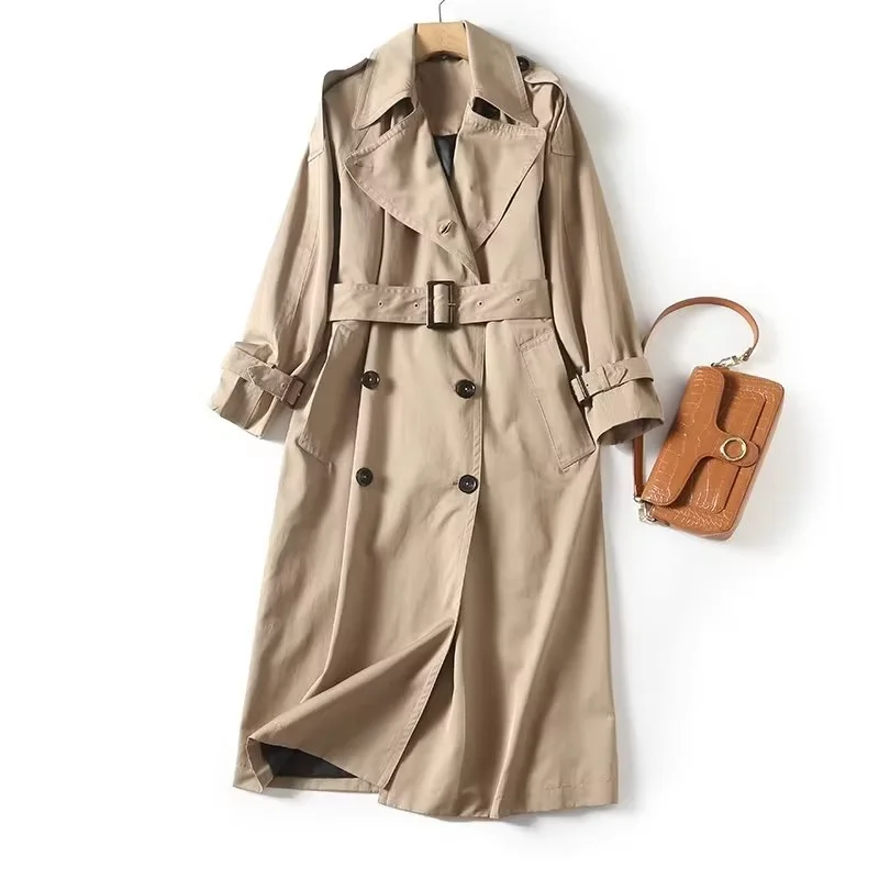 Maxdutti British Fashion Trench Coat Khaki  Coat Women Color Long Jacket Retro Double-Breasted Loose Long Windbreaker