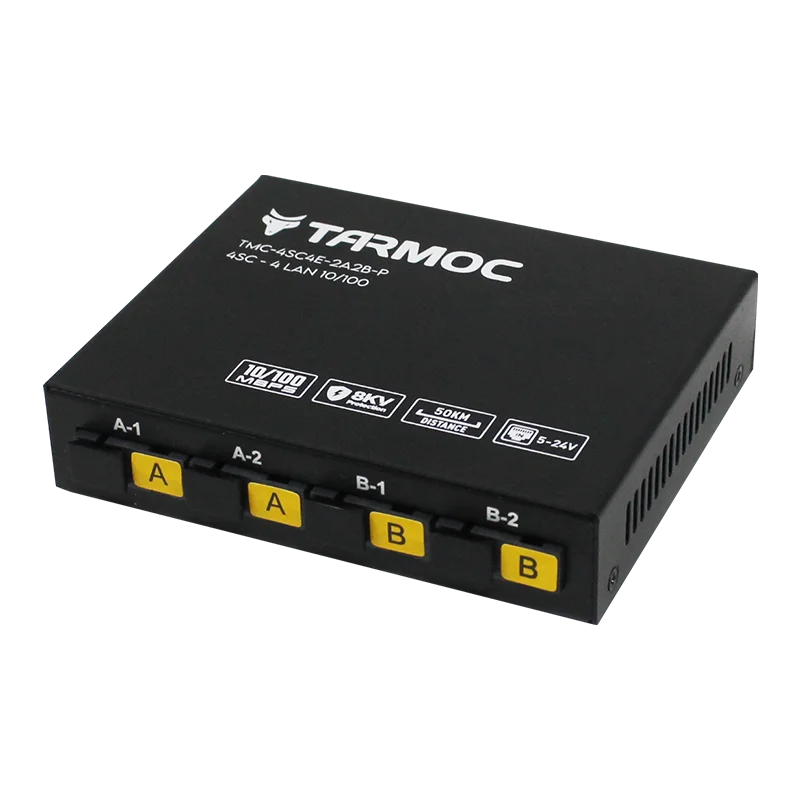 

Tarmoc 5-24Volt POE-IN Media Converter Switch FO 4 SC and 4 RJ-45 10/100Mbps, SC Distance up to 50km,TMC-4SC4E-2A2B-P