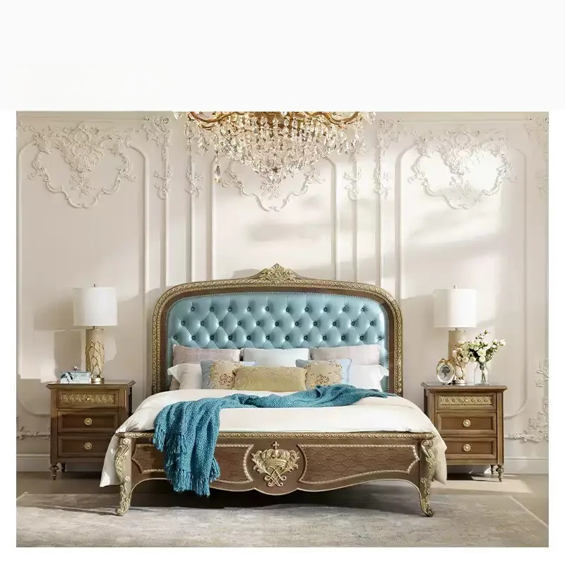 French retro solid wood engraving bed double bed head engraving bed