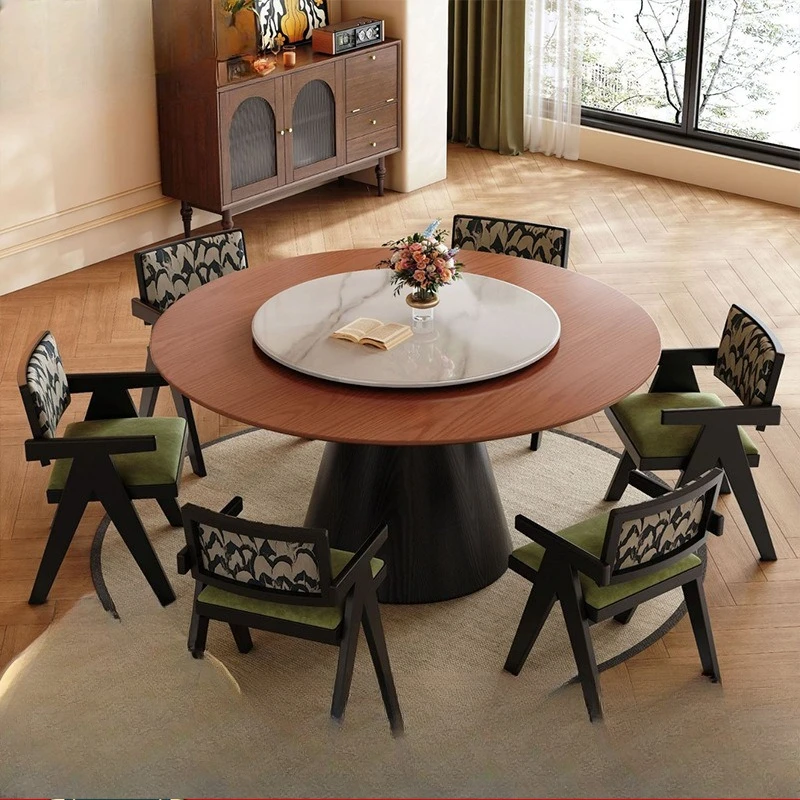 

wood dining table and chair combination household high-end black round table medium antique dining table