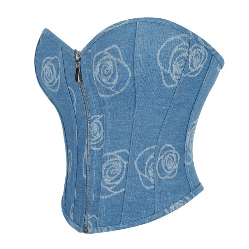 Blue Imitation Denim Corset Cropped Top Body Shape with Zipper Women's Push-up Bustiers and Corsets Vintage Rose Printing