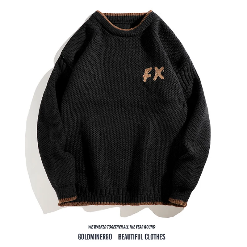 

Ретро японский цветной блуз, круглый вязаный свитер Ne, мужской свободный повседневный трикотаж с вышивкой букв