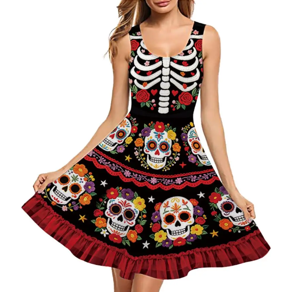 Damenkleid mit Zuckerblumen- und Totenkopfdruck, ärmelloses Sommerkostüm, mexikanische Kleidung zum Tag der Toten, Halloween-Festival, Kostüm – Detail 2