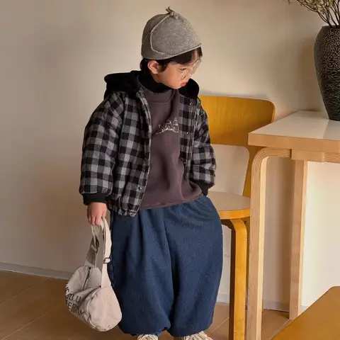 WT2525 한국 아동 레트로 체크 무늬 누빔 따뜻한 후드 재킷 겨울 다용도 방풍 아동용 겉옷