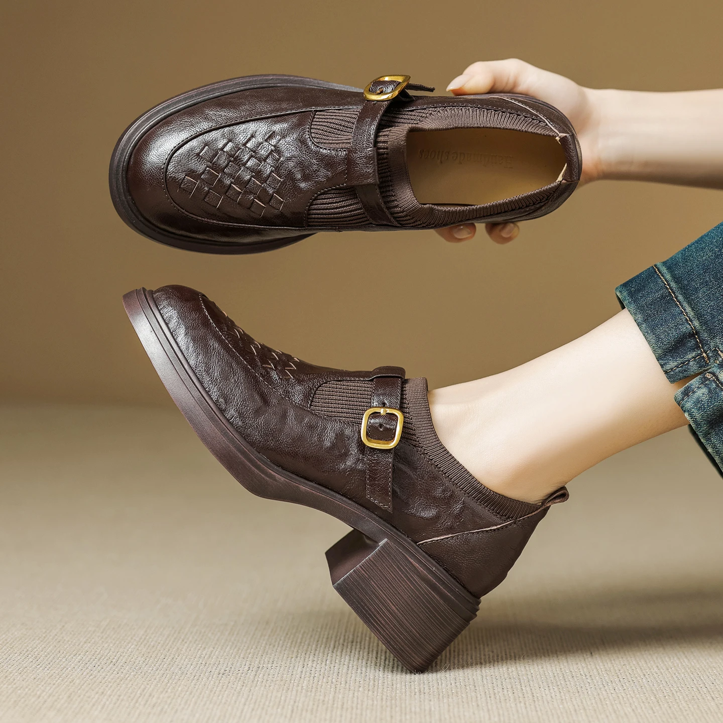 EAGSITY Retro Mary Jane shoes cow leather women high heel shoes  square heel round toe ankle strap pumps party cosplay lolita