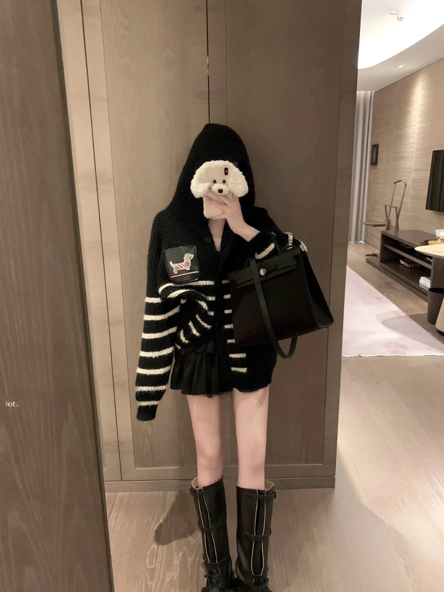 

Seoul Limited Plush Dog Collar Color Block Stripe Warm Knitted Hat Jacket Women Casual Loose Fit Thermal Cotton Cashmere Wool...