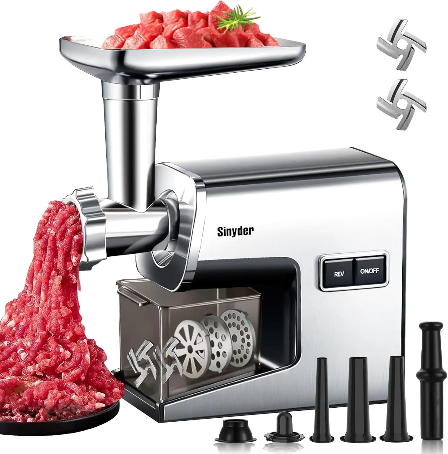 3000W Electric Meat Grinder, Stainless Steel, 2 Blades, 3 Plates, Sausage Stuffer & Kubbe Kit for Home Kitchen