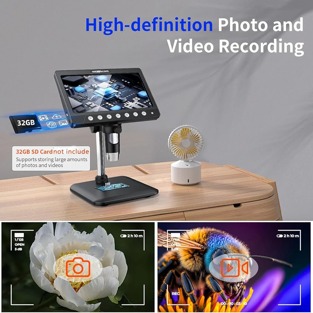 7Inch IPS Digital Coin Microscope 5MP 1200X Ultra-Precise Focusing Camera 1080P Video Microscope 8 LED Lights for Coin Circuit