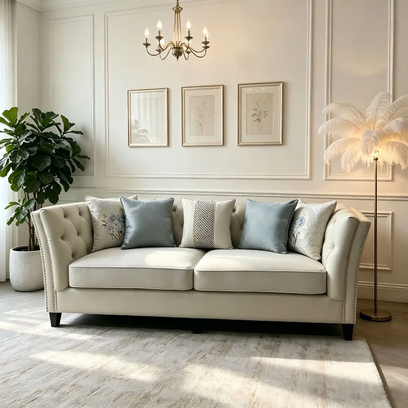 Pull button fabric sofa cream wind technology cloth, three-person size apartment living room simple combination