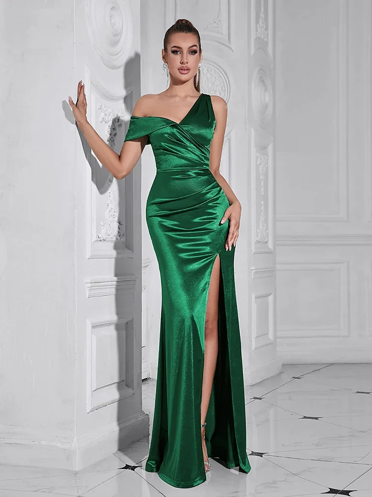 Robes maxi froncées en satin vert pour femmes, Sexy One initiated, tambour froncé, Split Celebrity, Runway Party, soirée, peu importe