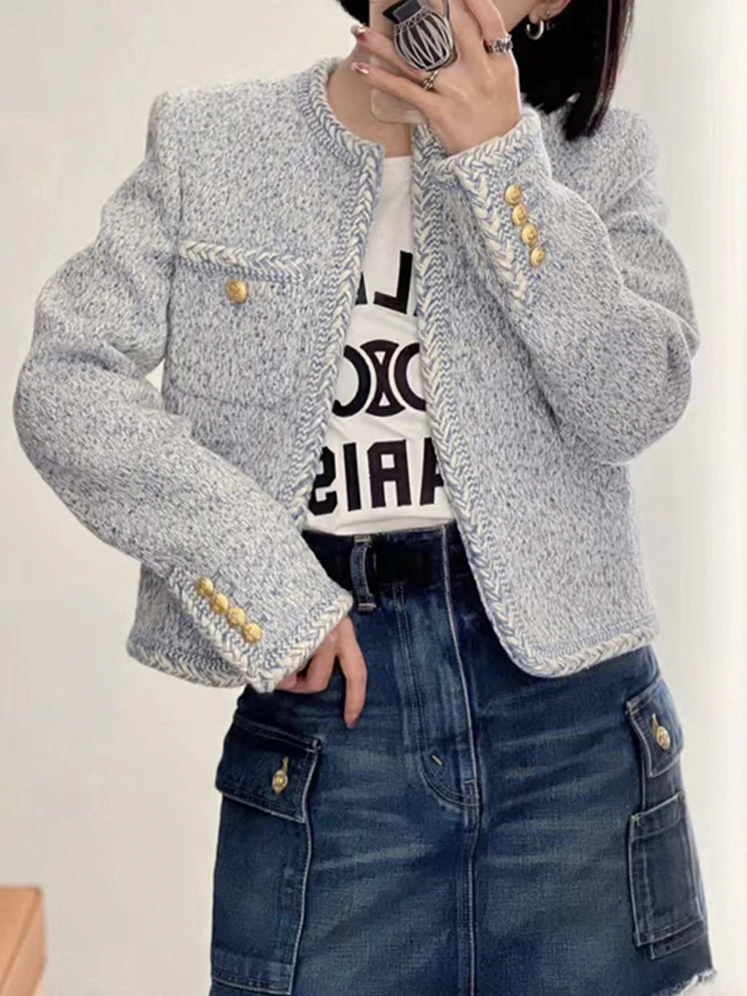 

Spring Autumn High-End Ice Blue Short Hunting Jacket High-Definition Hunting Jacket Cardigan Outerwear Elegant Lady's Coat