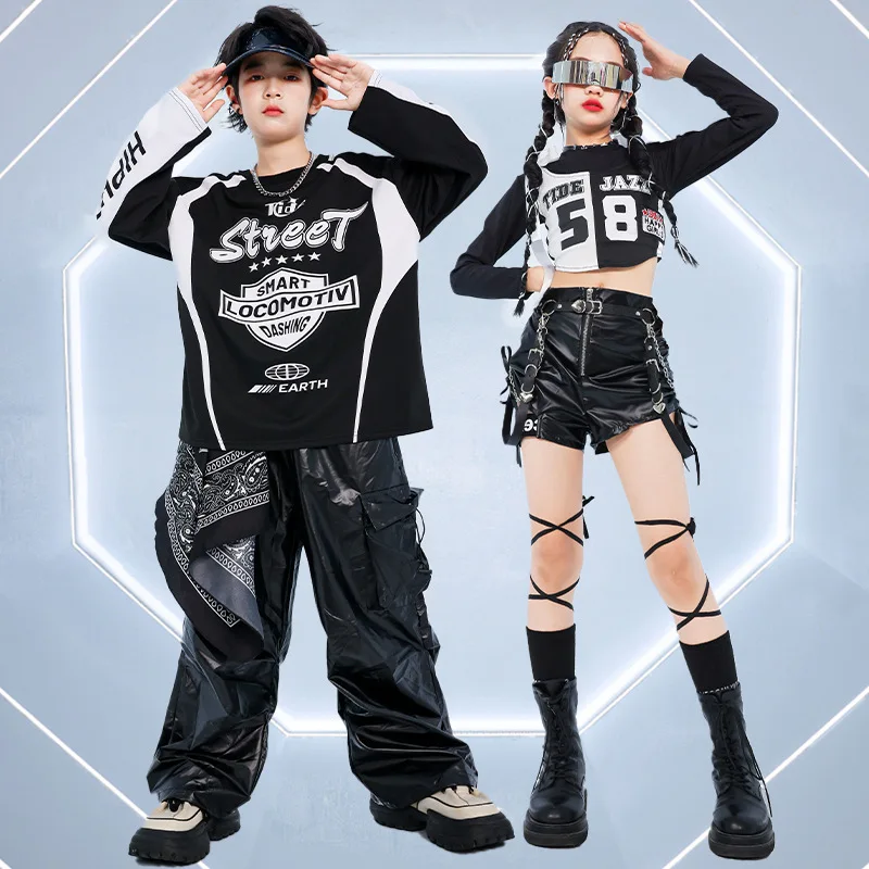 Kinder Street Dance Performance Outfit Motorradjacke Glänzendes Leder Show Off Mädchen Jazz Dance Kostüm Trendy Girl Group