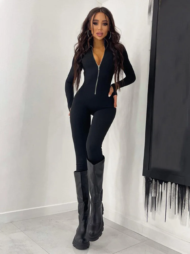 Huhugirl Fitness Outfit Female Casual Sport Workout Zipper Jumpsuit Women Romper Long Sleeves Skinny Activity Wear Overalls Tops