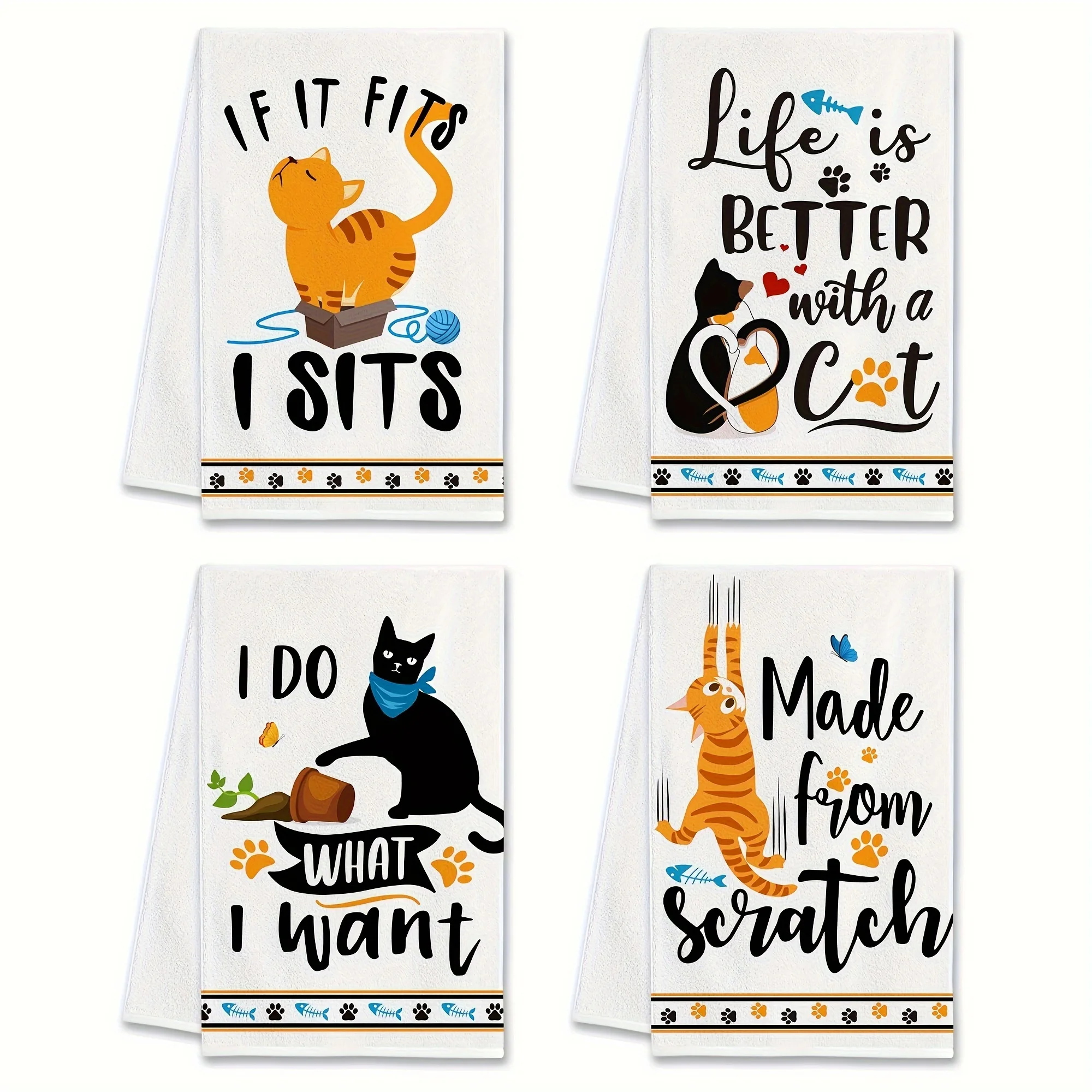 2-Pack Cute Cat Kitchen Towels | Minimalist Modern Cartoon Style | Soft Absorbent | Dishcloth for Cleaning & Kitchen Decor