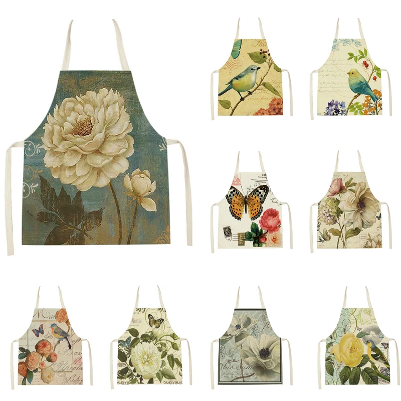 Bird Branches Print Kitchen Apron Household Cleaning Cooking Apron Butterfly Pattern Baking Pinafores Linen Sleeveless Delantal