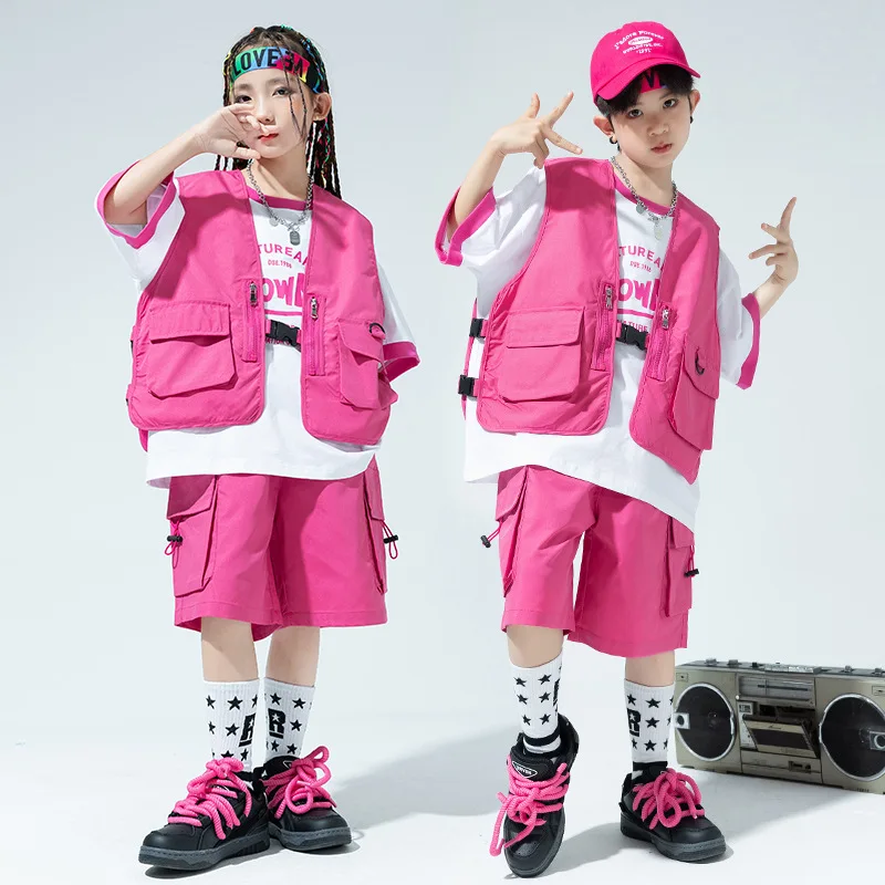 Vêtements Hip Hop pour enfants, veste en fibre de rose, t-shirt glacé, short cargo d'été décontracté pour fille et garçon, costume de danse jazz