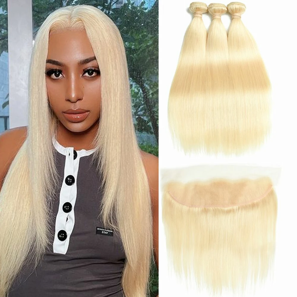 

Sapphire 613 Blonde Straight Malaysian Hair Weave Human Hair Bundles with Closure 3 4 Bundles and Lace Frontal Closure Remy Hair