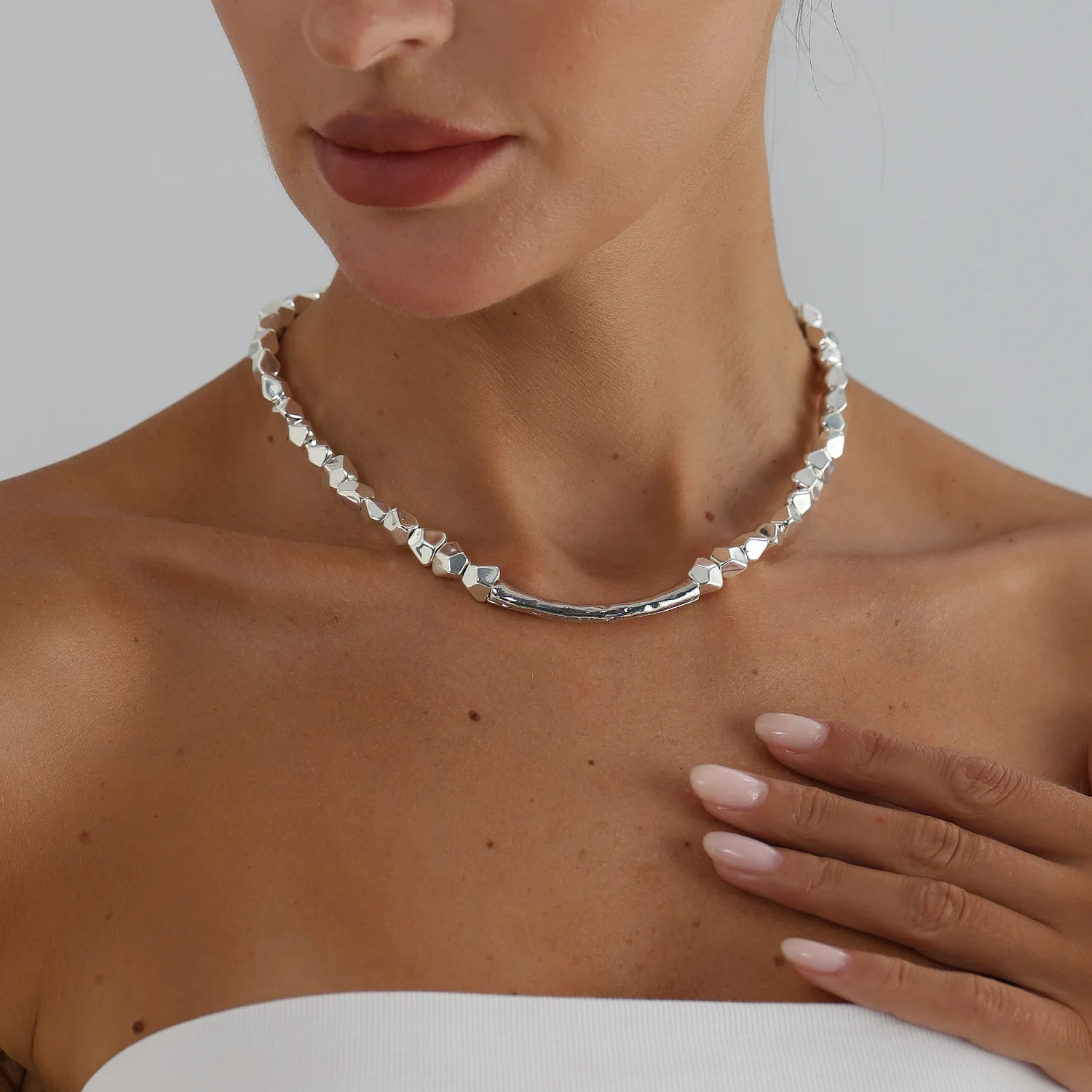 Cross border jewelry, fashionable design silver bead necklace, simple and versatile irregular broken silver jewelry set