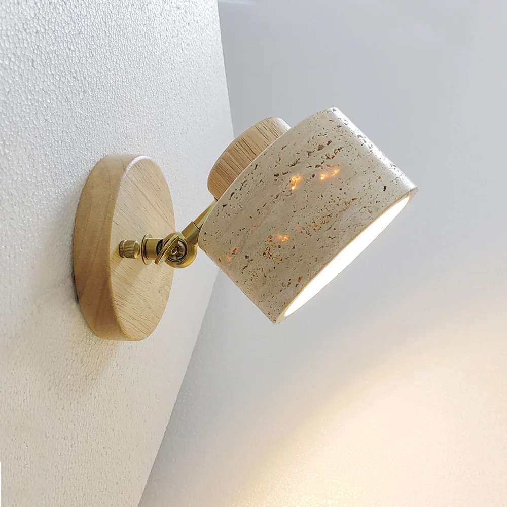 Japanese Style Log Wall Lamp B&B Bedroom Bedside Lamp Yellow Travertine Retro Corridor Aisle Decorative Wall Lamp