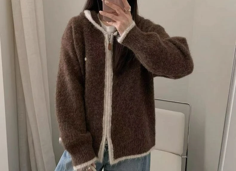 

Hooded Sweater Jacket Women's 2025 Autumn and Winter New Casual Fashion Loose Design Zipper Knitted Cardigan