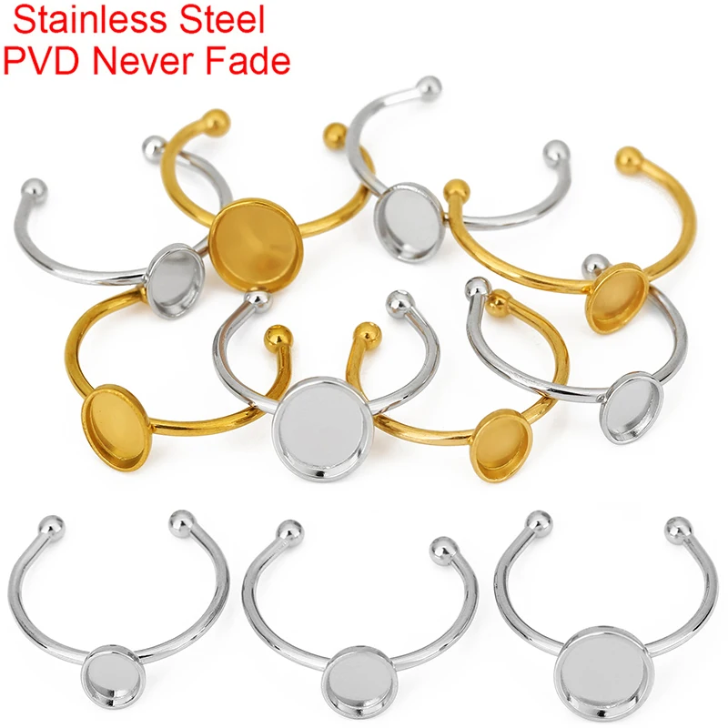 5pcs 5x7 6x8 8x10 mm Stainless Steel Oval Ring Settings Diy Adjustable PVD Never Fade Cabochon Cameo Base For Jewelry Findings
