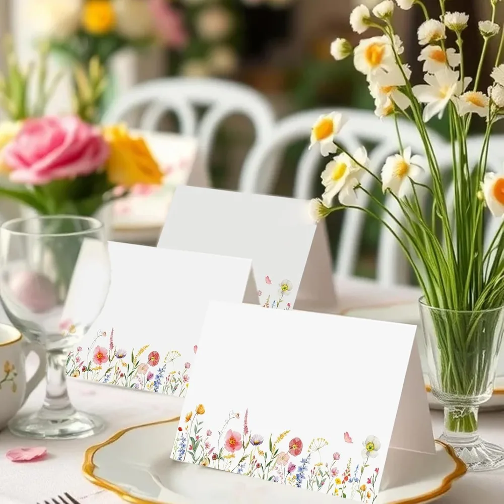 50 قطعة من بطاقات مكان الزهرة البرية لإعداد الطاولة بطاقات خيمة اسم الطاولة الزهرية لحفلات الزفاف والخطوبة وحفلات أعياد الميلاد