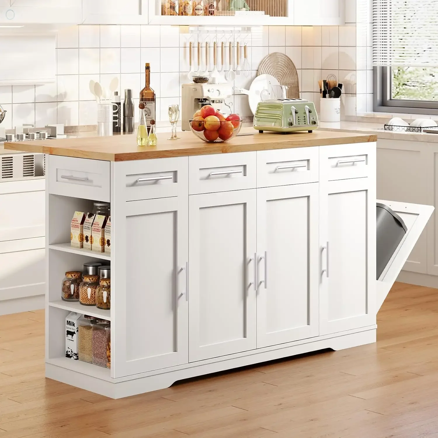 53'' Rolling Kitchen Island with Power Outlet, Drop Leaf & Trash Can | Kitchen Island with Storage, Island Cart on Wheels