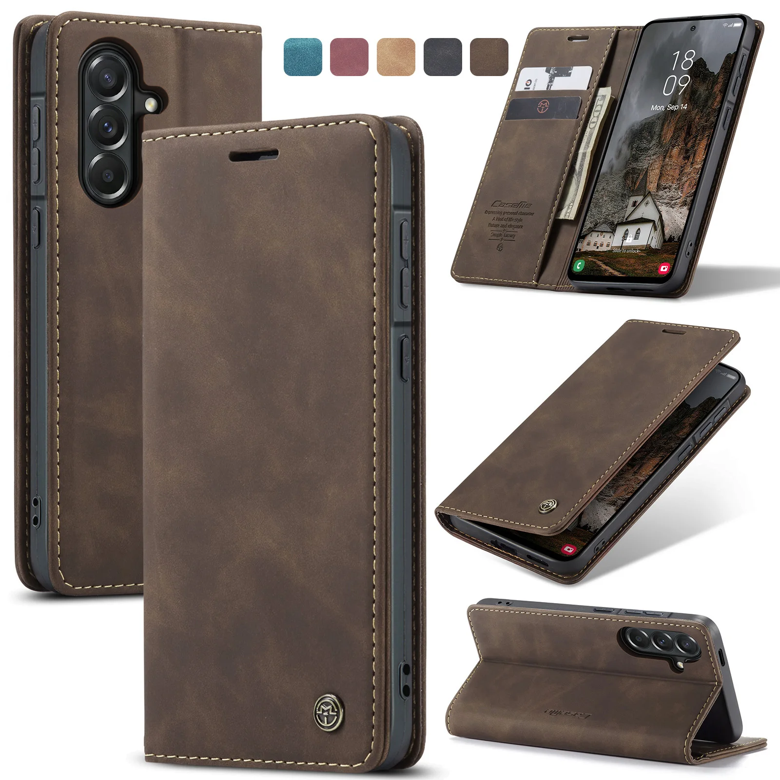 

CaseMe Plain Leather Case for Samsung Galaxy A17 A37 A57 A16 A36 A56 A15 A55 A14 A54 5G Wallet Card Slots Holder Cover Protector