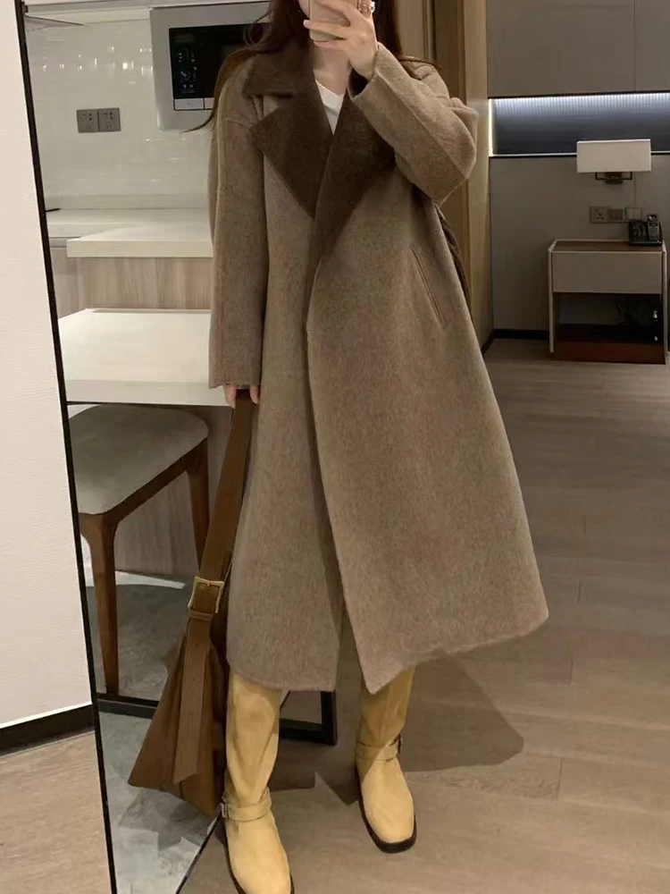 YERMORA Coffee Belted Thick Woolen Coat For Women Lapel Long Sleeve Loose New Overcoat Fashion Tide Autumn Winter 2025