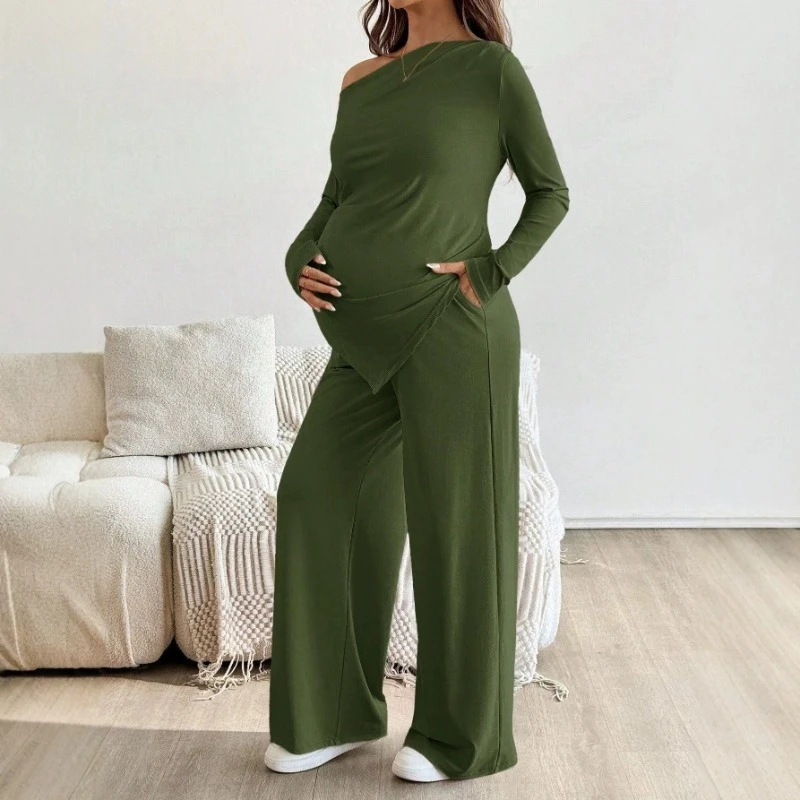 Pregnant Women 2-Piece Set Spring and Autumn New Style One Collar Tight Waist Adjustable Wide Leg Pants Pregnant Women's Set