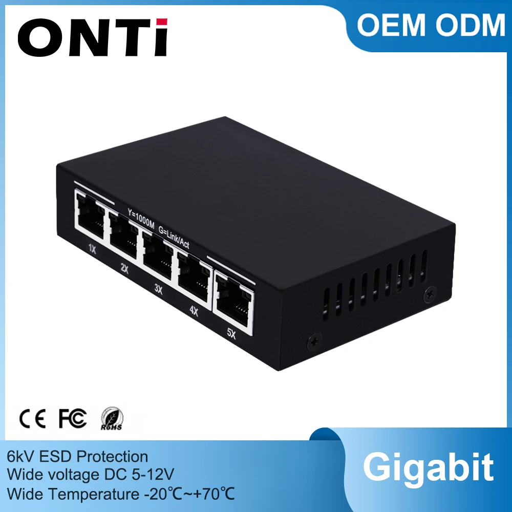 

ONTi 5 Ports Gigabit Ethernet Switch Full Metal Case 1000M Network Switch 6kV ESD Protection Smart RJ45 Hub Internet Injector