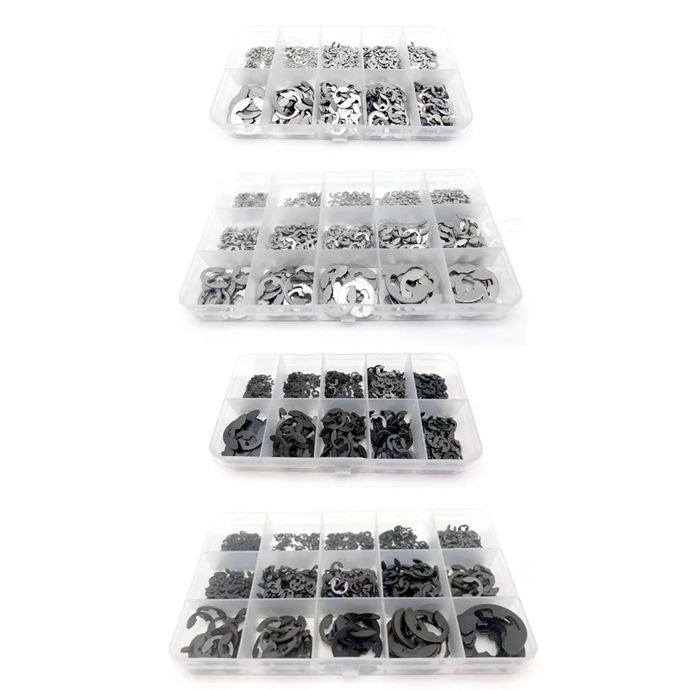 585/1005 個 E クリップスナップサークリップワッシャー詰め合わせキットボックス M1.2-M15 ブラック 65 Mn 304 ステンレス鋼外部止め輪セット