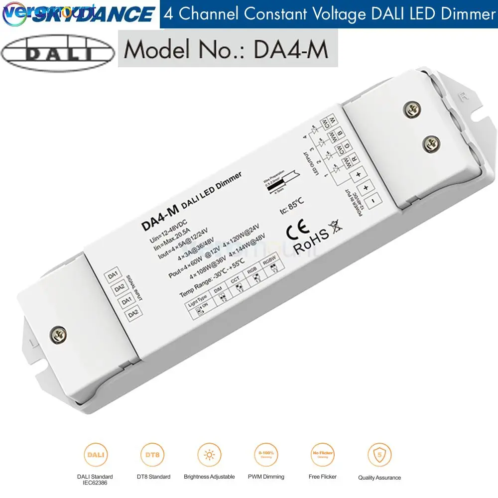 Skydance DA4-M DALI LED Dimmer 12V 24V 5A 4 Channel PWM Dimming Controller for Single Dual White RGB RGBW Color Led Strip Light