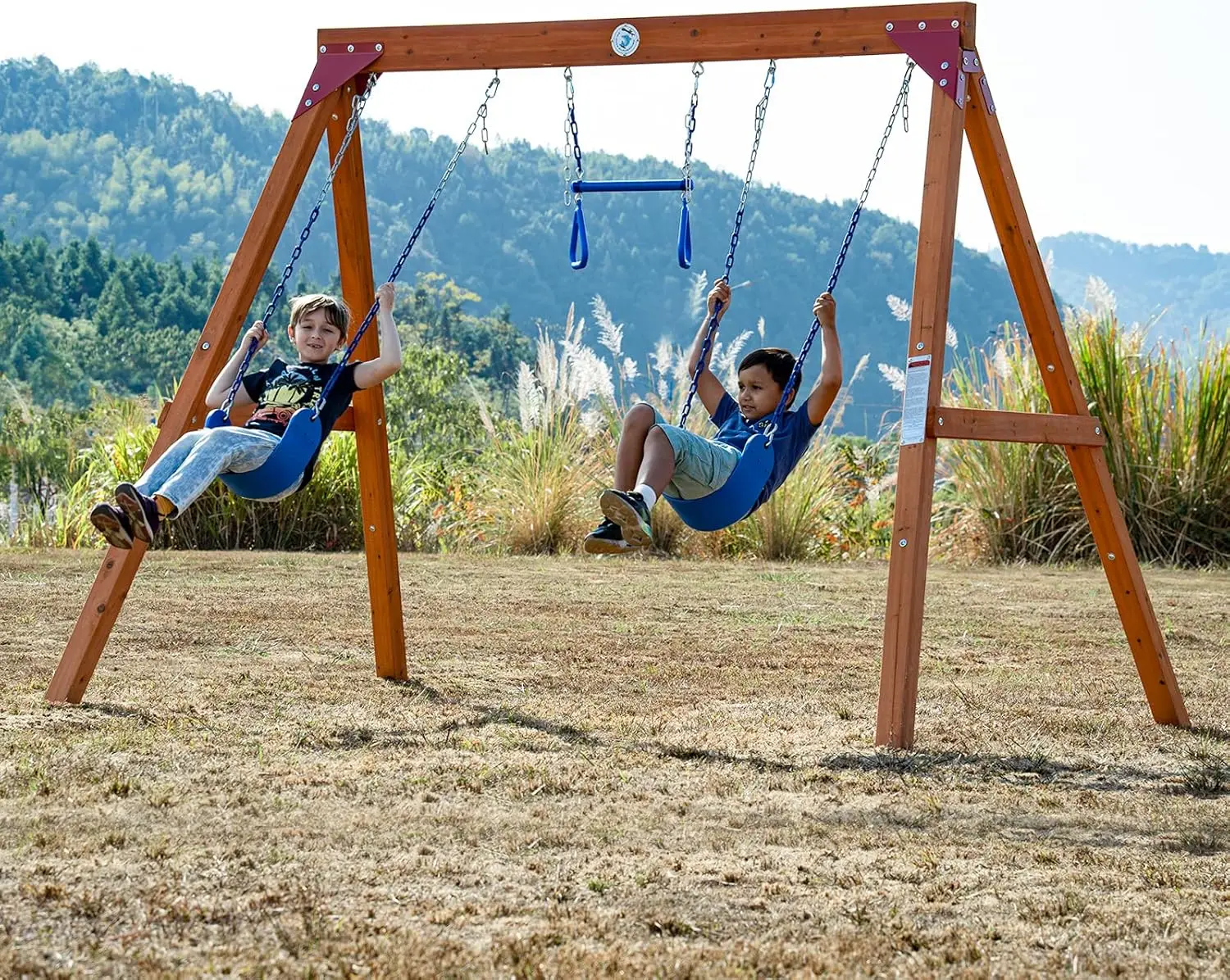 

Dolphin Playground DIY Swing Sets for Backyard, Wooden Swing Set Outdoor for Kids with Trapeze Swing Bar and 2 Belt Swings, Heav