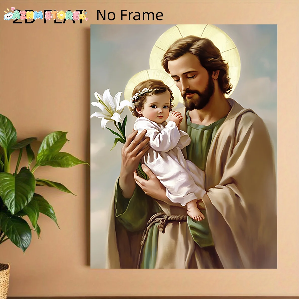 2027,   No Frame St. Joseph Christ Religious Painting - Vintage Bohemian Style Christian Icon Oil Painting, Frameless Canvas,