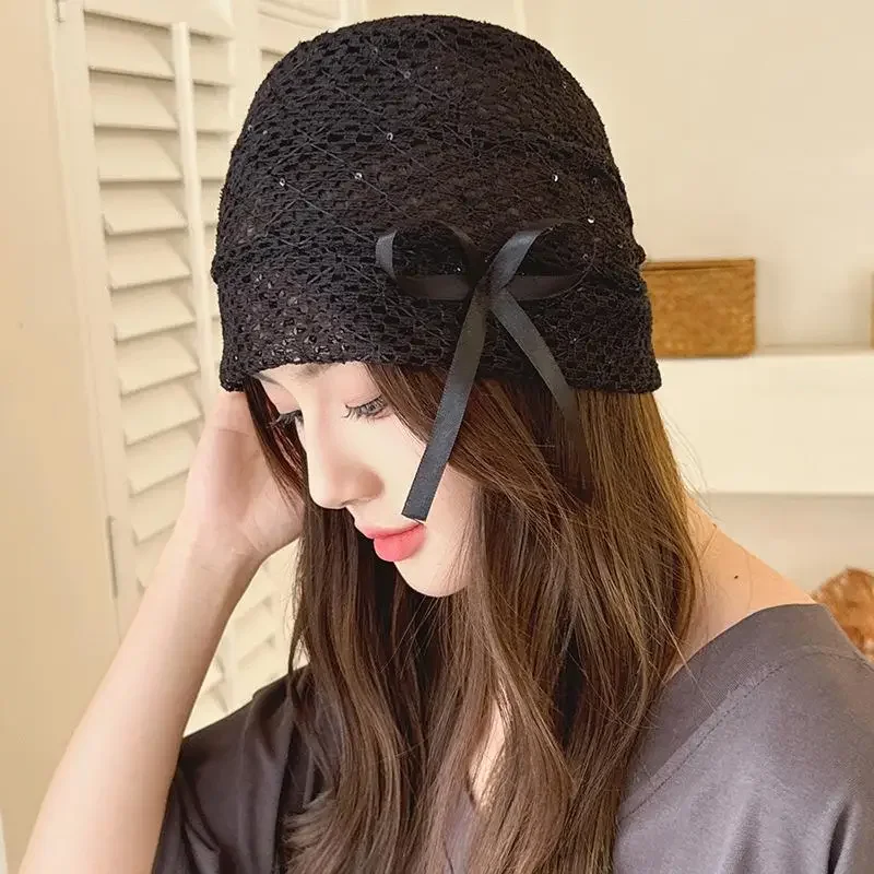 

Lace Bow Hollowed Out Knitted Hats For Women Breathable Beanies Pullover Cap Summer Fashion Korean Versatile Design Ladies Hats