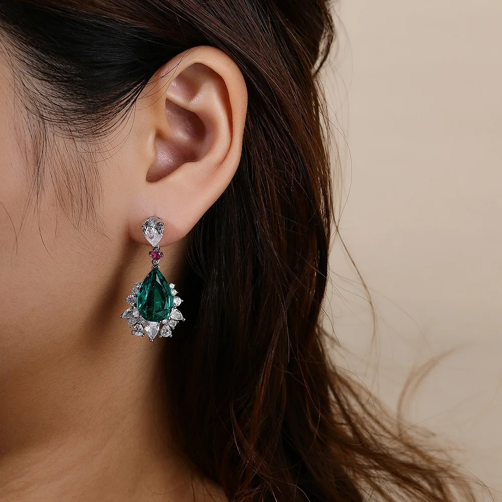 Fashionable Banquet Elegant Emerald Cubic Zirconia Earrings, High-end Inlaid  Wedding Style Swaying Jewelry Accessories
