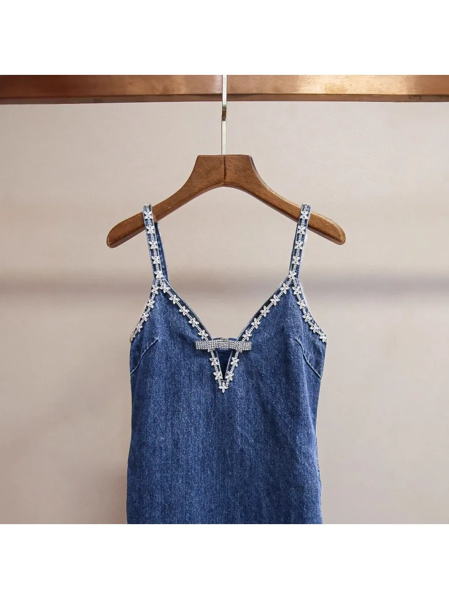 Sukienka damska GALCAUR, niebieska, z wstawkami w kształcie diamentów, dekolt w serek, bez rękawów, wysoki stan, luźna, basic, do biura, styl letni, nowość.