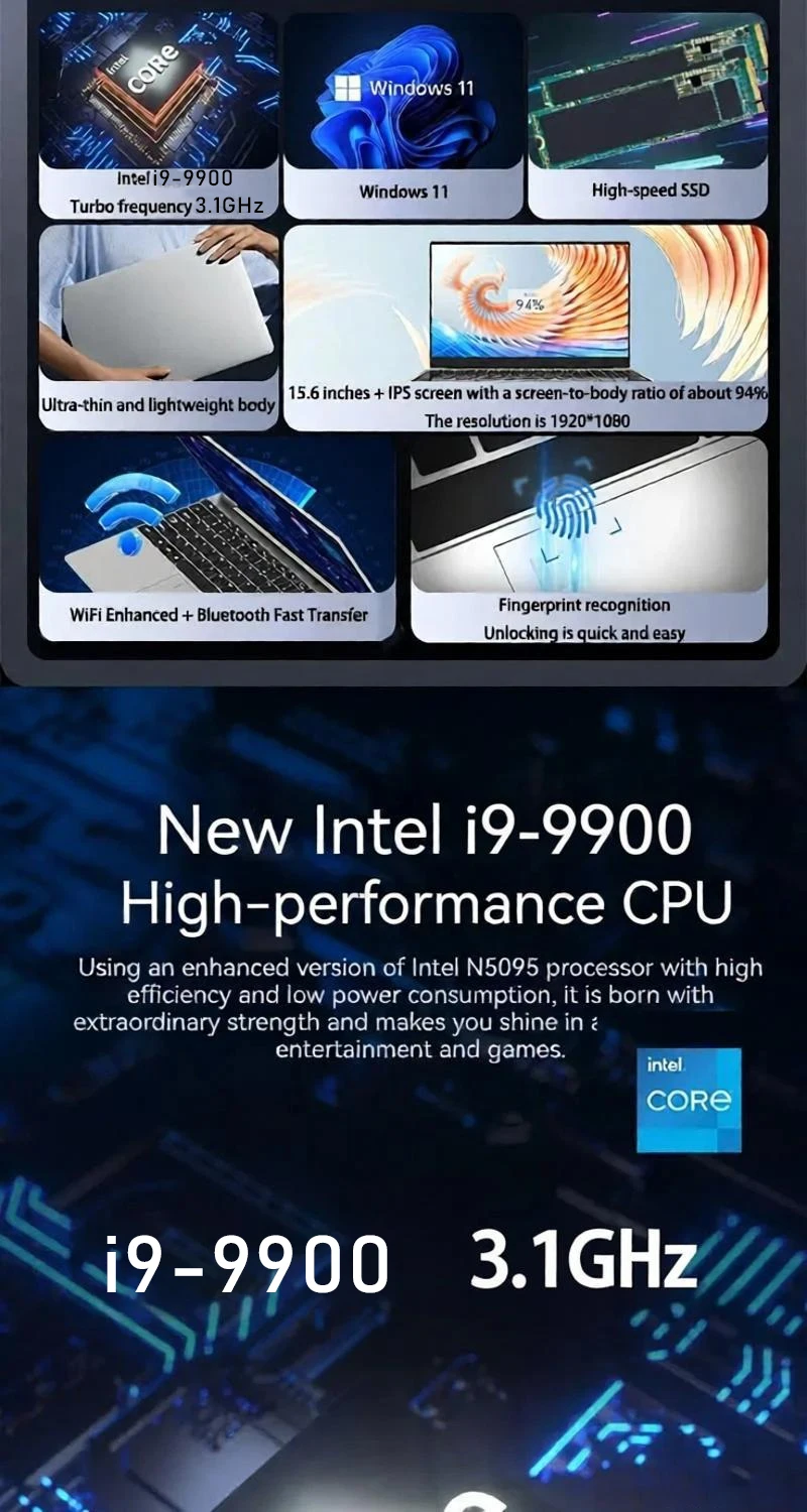 2026 Silver Laptop 15.6-inch Gaming Computer Intel i9-9900 IPS HD Video 16 GB/32GB ddr3 1024GB/2048GB ssd M.2 Windows 11 Notebo