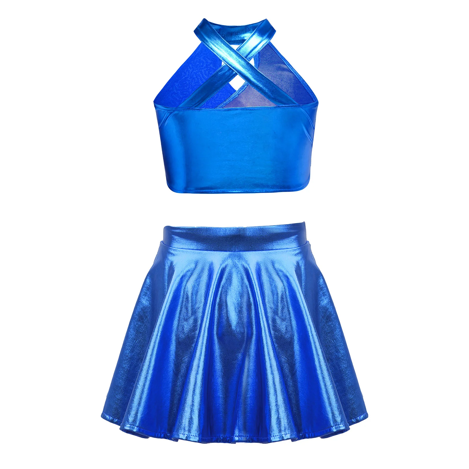 Kids Girls Jazz Dance Set 2Pcs Sparkly Sequins Metallic Cross Keyhole Crop Top+A-Line Skirt Stage Performance Costume Streetwear