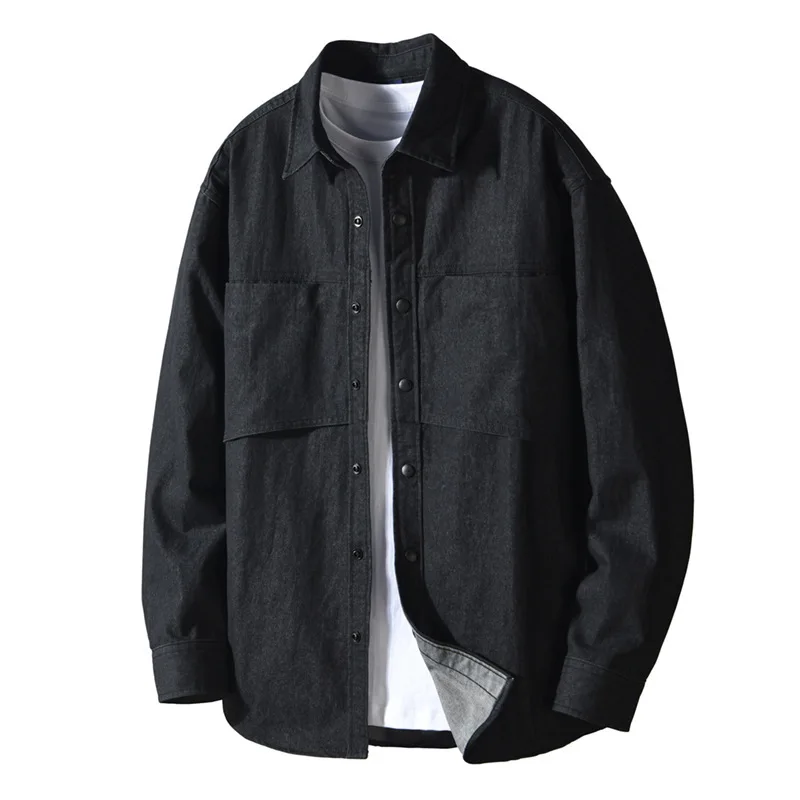 American Retro Style new Mens Long Sleeve Shirts Dropped Shoulder Casual Cargo Shirt Men Lapel Snap Button Up Shirt High Quality