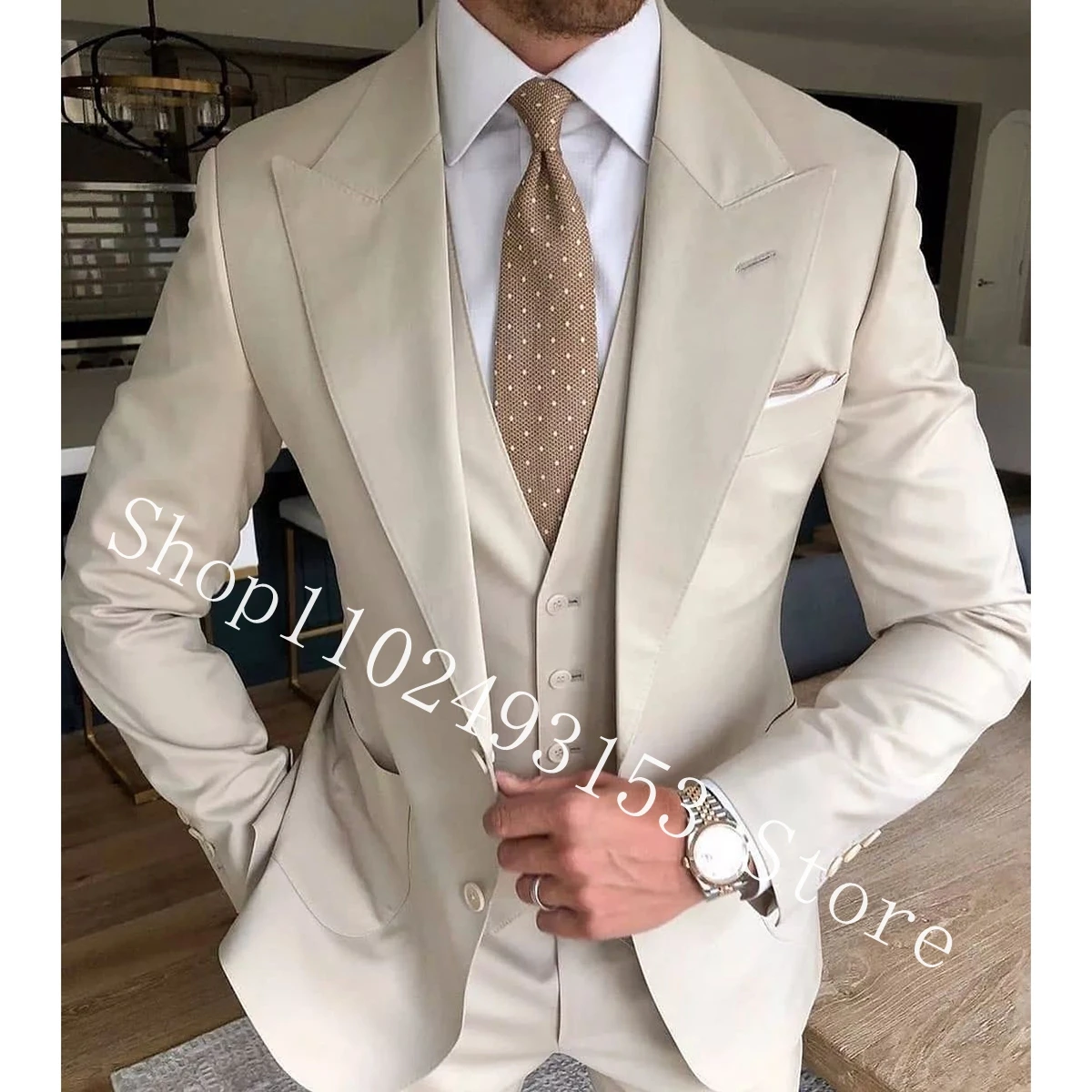 

Elegant Men Wedding Suits Slim Fit Peak Lapel Two Buttons 3 Pieces Male Suits Groom Wedding Tuexdos Blazer Costume Homme