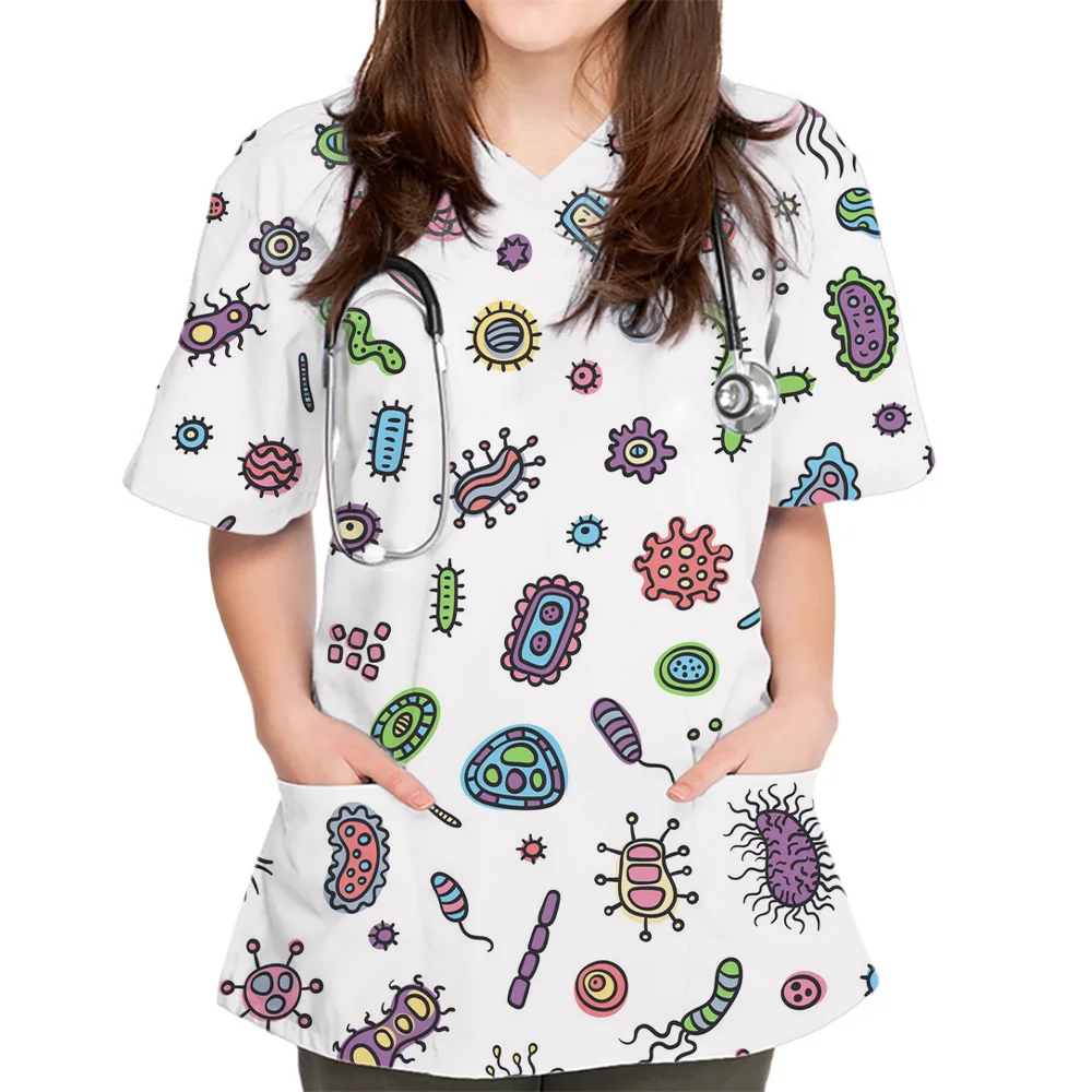 New Women Tops Bacteriogram Print Pharmacist Veterinary Nurse Fashion Slim Beauty Scrub Clothes Spa Medical Lab Medical Uniform