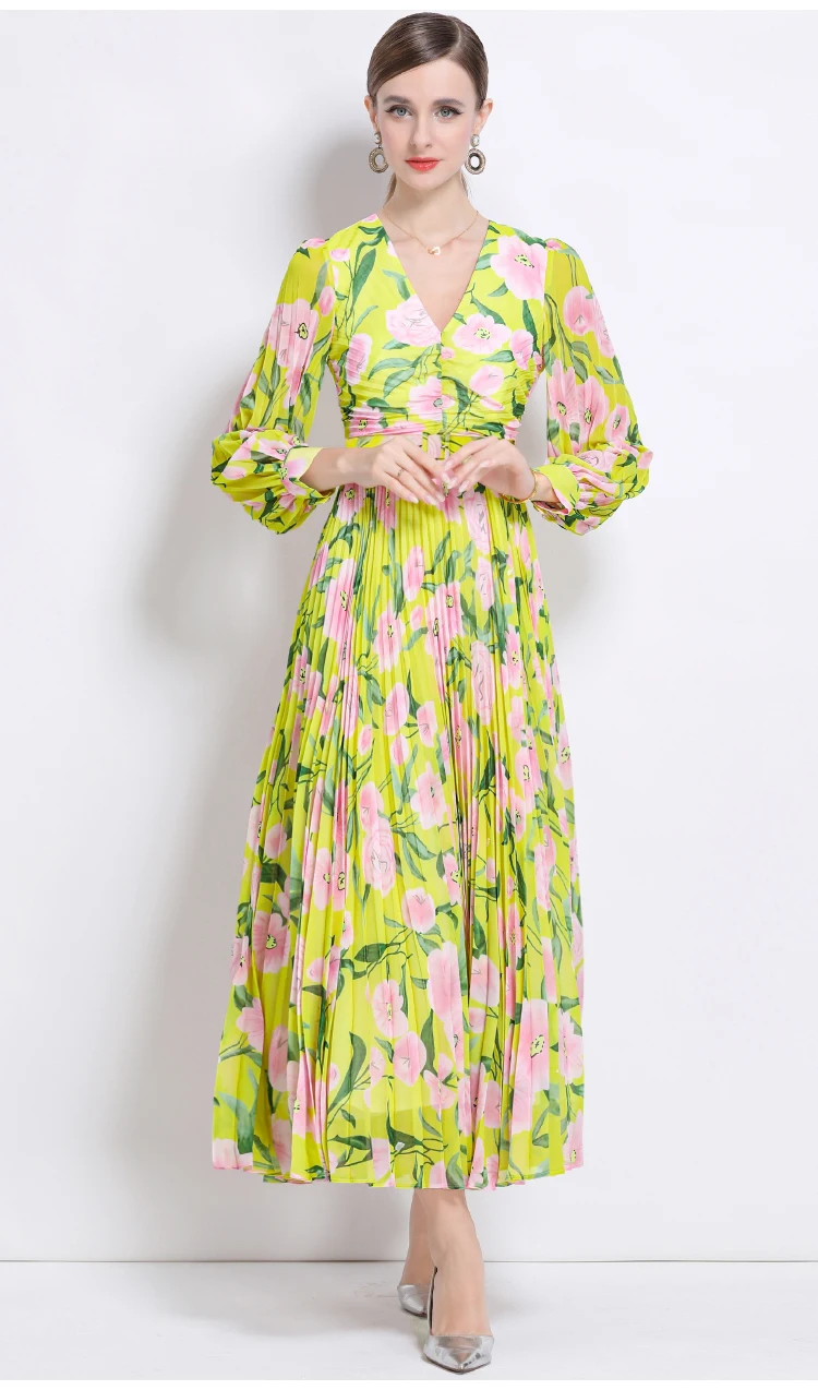 Verão impresso maxi vestido roupas femininas manga longa lanterna fino ajuste em camadas vestido feminino 2025 verão chique casual férias